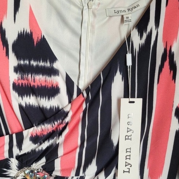 Multi Patterned Print V Neck Long Sleeve Dress Cinched Waist Embellished - Picture 2 of 7